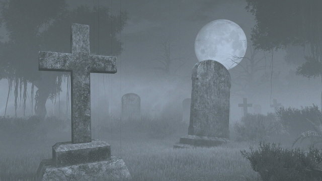 Walking through abandoned creepy cemetery under big full moon. Handheld camera effect. Monochromatic three dimensional animation.