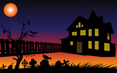 Halloween background with cemetery,house and fence silhouettes in the moon light.Vector illustration.