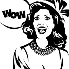 pin up retro girl say wow. Vector illustration