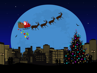 Fototapeta premium Urban holiday background illustration with santa claus