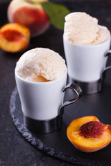 Peach  ice cream with mint, selective focus
