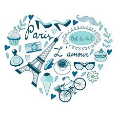 Love for Paris concept card. Paris related icons in heart shape