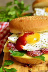 Burger with cheese,salami and fried egg.