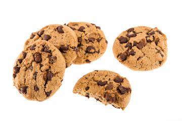 Chocolate chip cookies isolated on white background.