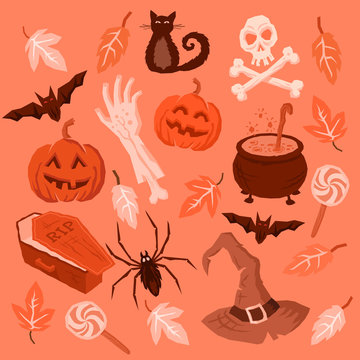 Spooky Halloween Symbols including pumpkins, bats, spiders, zombie arm and witches hat! Vector illustration.
