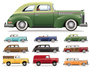 1940s Car Lineup Vector Set