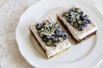 Classic Chester Cake slices with blueberries and Cilantro flower
