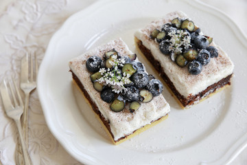 Classic Chester Cake slices with blueberries and Cilantro flower