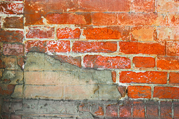 Half covered with cement brick wall. Textured background. Vintage.