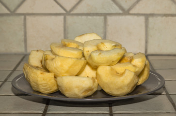apple peeled and cut in the kitchen