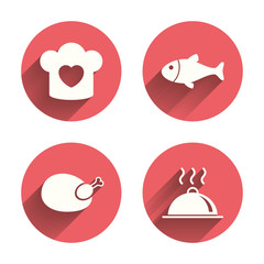 Chief hat, cooking pan icons. Fish and chicken.