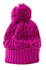 One single pink or purple winter bobble ski knit hat isolated on white background winter clothes