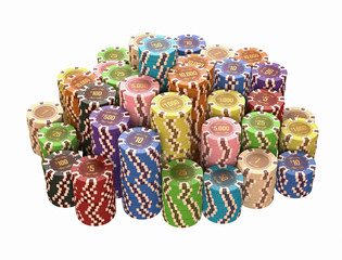 Fototapeta na wymiar Colorful chips isolated over white. Concept of casino and gambling. Clipping path included.