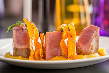 fresh tuna steak with mushed sweet potatoes