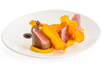 fresh tuna steak with mushed sweet potato