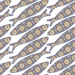 Traditional portuguese sardine and azulejo tiles background. Seamless pattern with ornamental fish. Fish pattern in abstract style with colorful tiles.