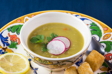 Split pea soup with smoked bacon,.