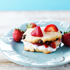 strawberry chocolate chip cookie sandwich with whipped cream