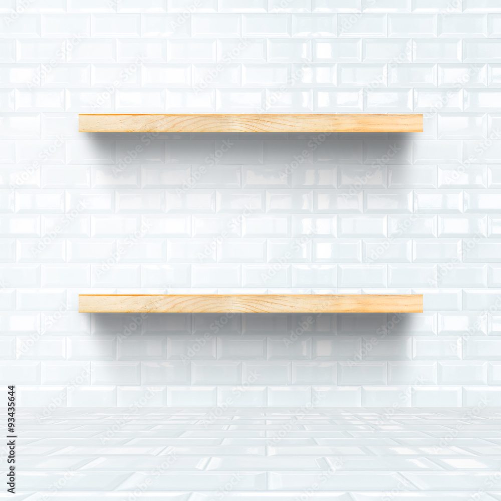 Poster white tile room with wooden shelf, mock up for display of produc