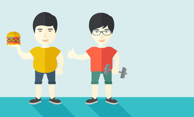 Men standing with hamburger and dumbbell.