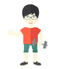 Men standing with dumbbell.