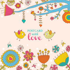 Beautiful  card with flowers and bird. Vector party invitation with floral elements.