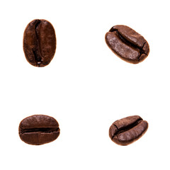 Four single coffee beans in different angles. All on white background