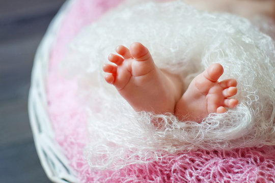 Close up picture of new born baby feet on a white and pink plaid