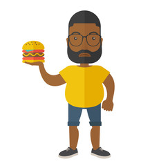 Man with hamburger. 