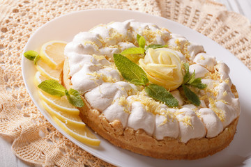 Delicious lemon tart with meringue close-up. horizontal
