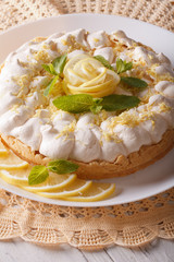 Gourmet Lemon cake with meringue and mint close-up. Vertical
