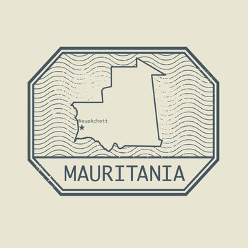 Stamp with the name and map of Mauritania