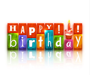 Color blocks with letters and cake. Happy birthday