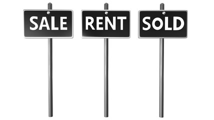 sign boards of sale rent sold in black and white on white background