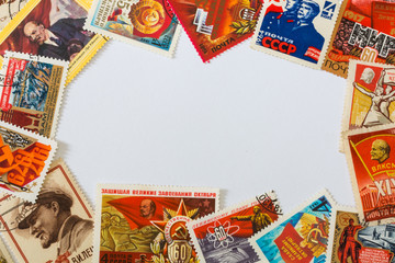 frame of old soviet post stamps