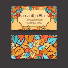 Template two-sided business cards with with colorful leaves and