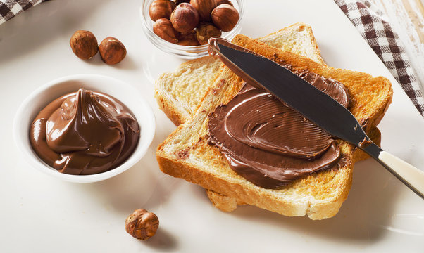 Toast with chocolate spread for a sweet breakfast