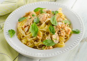 Pasta fettuccini with mushrooms, spinach and cream sauce.