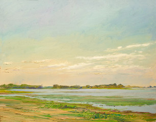 clouds illuminated by the sun over the river in the  steppe, painting oil on canvas