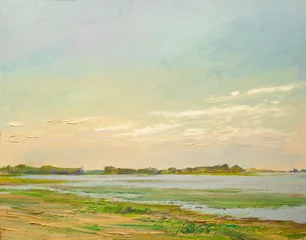 clouds illuminated by the sun over the river in the  steppe, painting oil on canvas © torook