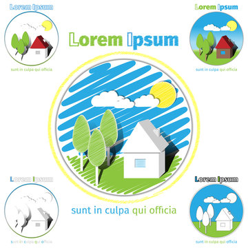 Set of illustrated buttons showing a house with landscaped garden in summer. Vector illustration 10 EPS