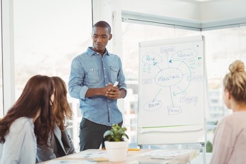 Obraz premium Man standing by white board while discussing with coworkers 