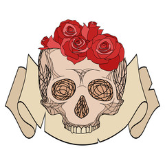 Doodle illustration of a human skull with roses and an old ribbo