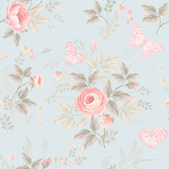 seamless floral pattern with roses and butterflies