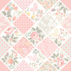 seamless patchwork pattern with roses and butterflies in pastel color - obrazy, fototapety, plakaty