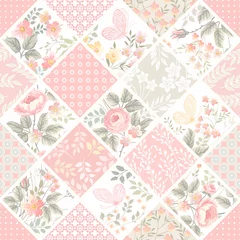 seamless patchwork pattern with roses and butterflies in pastel color © citradora