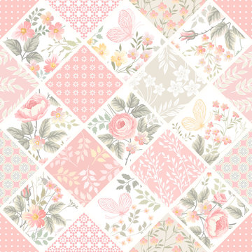 seamless patchwork pattern with roses and butterflies in pastel color