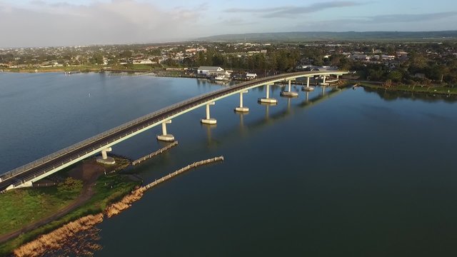 Aerial footage elevated view of hindmarsh island bridge goolwa south australia. River Murray. Famous for secret womans business aboriginal issues. Wharf, oscar w steam boat south Australian holidays