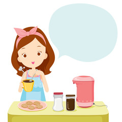 Girl Making Coffee With Talk Bubble, Kitchen, Kitchenware, Crockery, Cooking, Food, Bakery, Occupation, Lifestyle