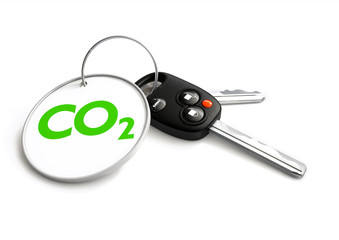 Car keys with co2 carbon emissions symbol on key ring